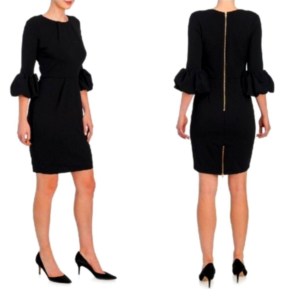 BETSY ADAM Black Melanie Bell Sleeve Sheath Dress.